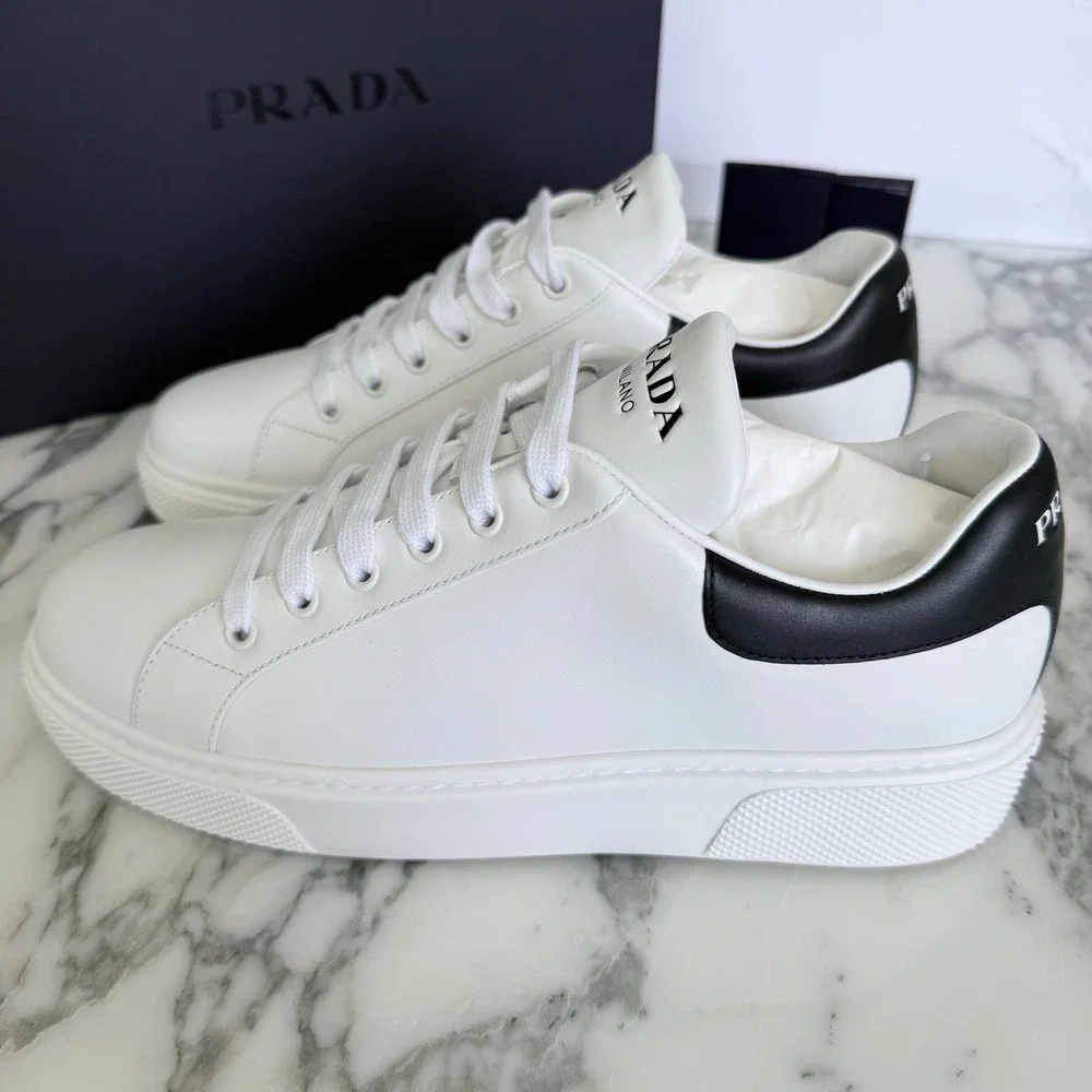 Prada Women White Leather Low Top Sneakers Black Heel Tab 1E621M Size US7